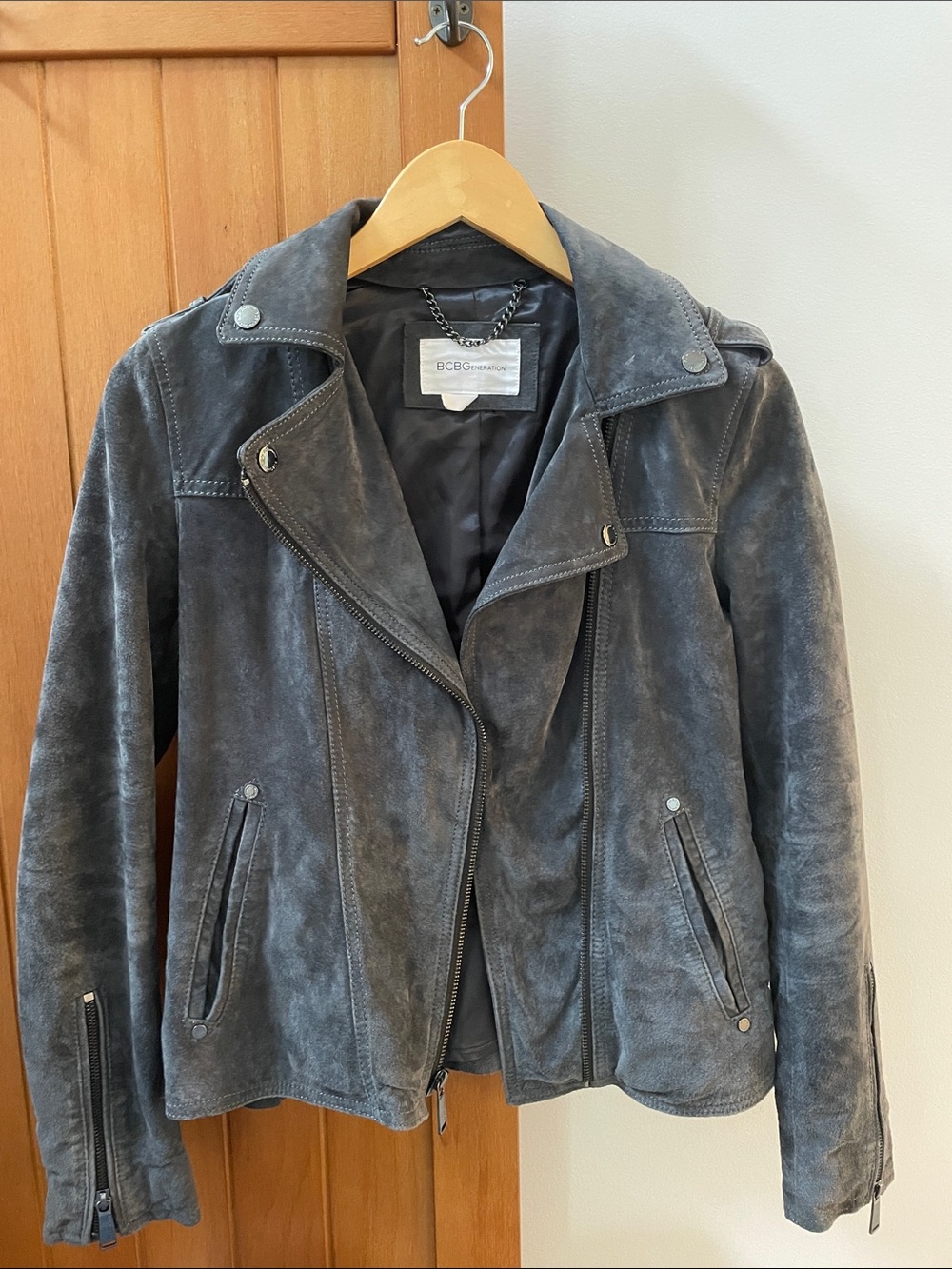 charcoal grey suede motorcycle jacket from BCBG